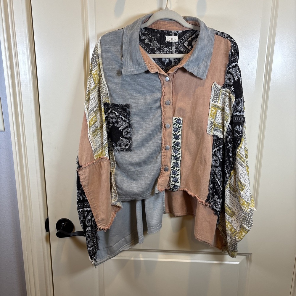 POL Medium Oversized Patchwork Button-Down Shirt WaffleKnit Denim Bandana BOHO